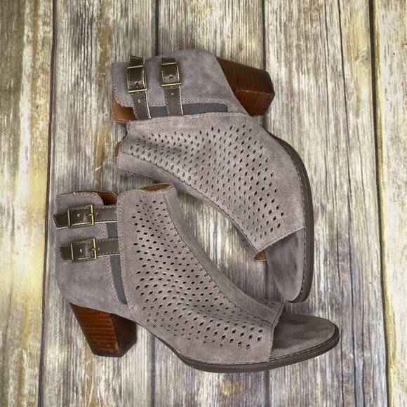 Vionic Women's  Size 7.5 Chryssa Taupe Suede Peep Toe Cone Heel Ankle Booties - Picture 4 of 11